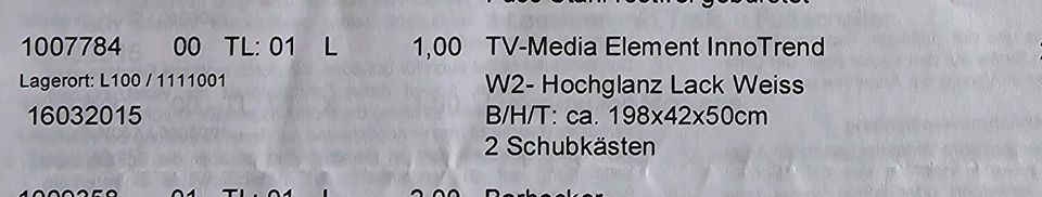 TV- Media Lowboard Hochglanz Lack Weiss 198cm Top Zustand in Hörstel