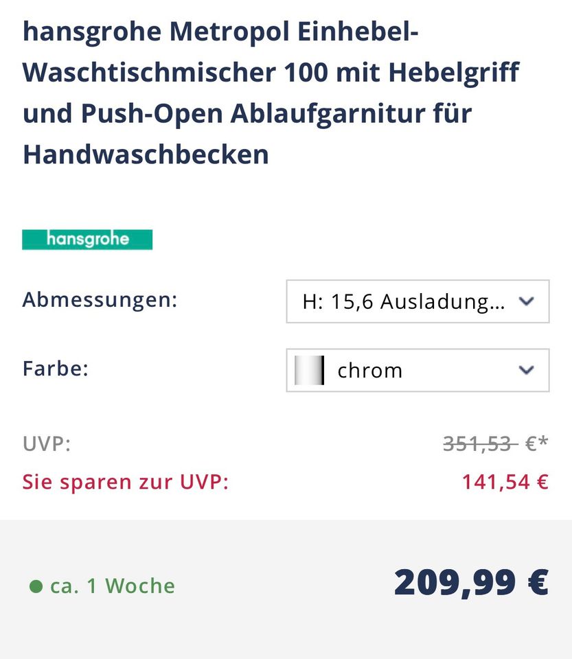 Hansgrohe Armatur / Metropol 100 Einhebel-Waschtischmischer Grohe in Oer-Erkenschwick