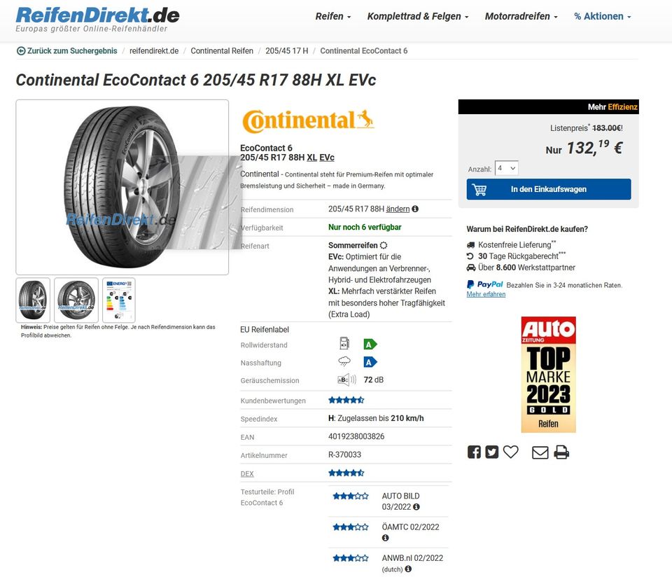 4 Sommerreifen 205/45 R 17 H XL 88H Continental EcoContact 6 in Flieden