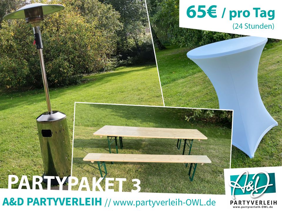 [Partypaket] 2 Heizpilze+ 3 Bierzeltgarnituren + Stehtisch mieten in Leopoldshöhe