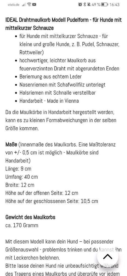 Drahtmaulkorb (OP 96,90€) "Ideal" Pudelform Größe 10 in Saarbrücken