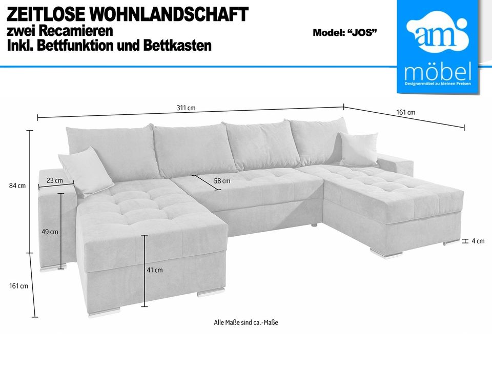 Sofa Couch Wohnlandschaft U Form Bettfunktion-Bettkasten Cord gra in Bremen