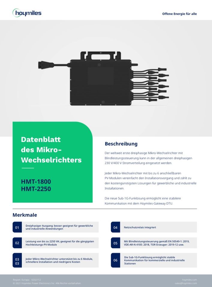 Hoymiles HMT-2250-6T Mikrowechselrichter für sechs Solar Module 2250 Watt mit optionalem WIFI in Breitengüßbach