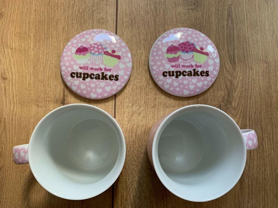 Geschenkset 2 Cupcakes Deckel-Tassen Untersetzer Bakery Teetassen in Herne