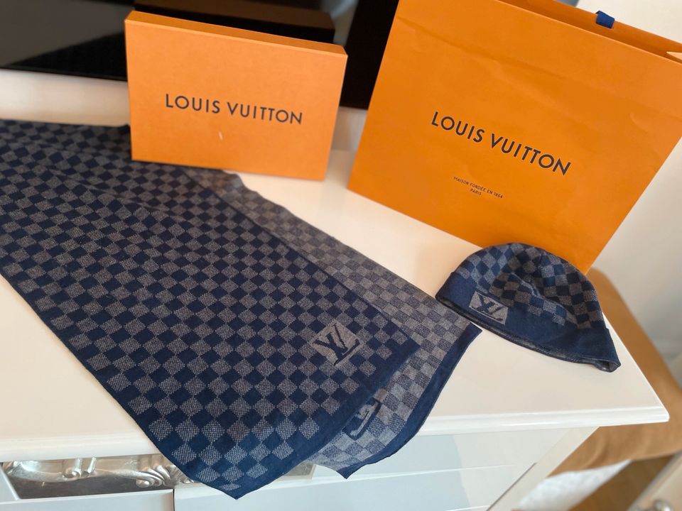 Louis vuitton petit damier schal & mütze set