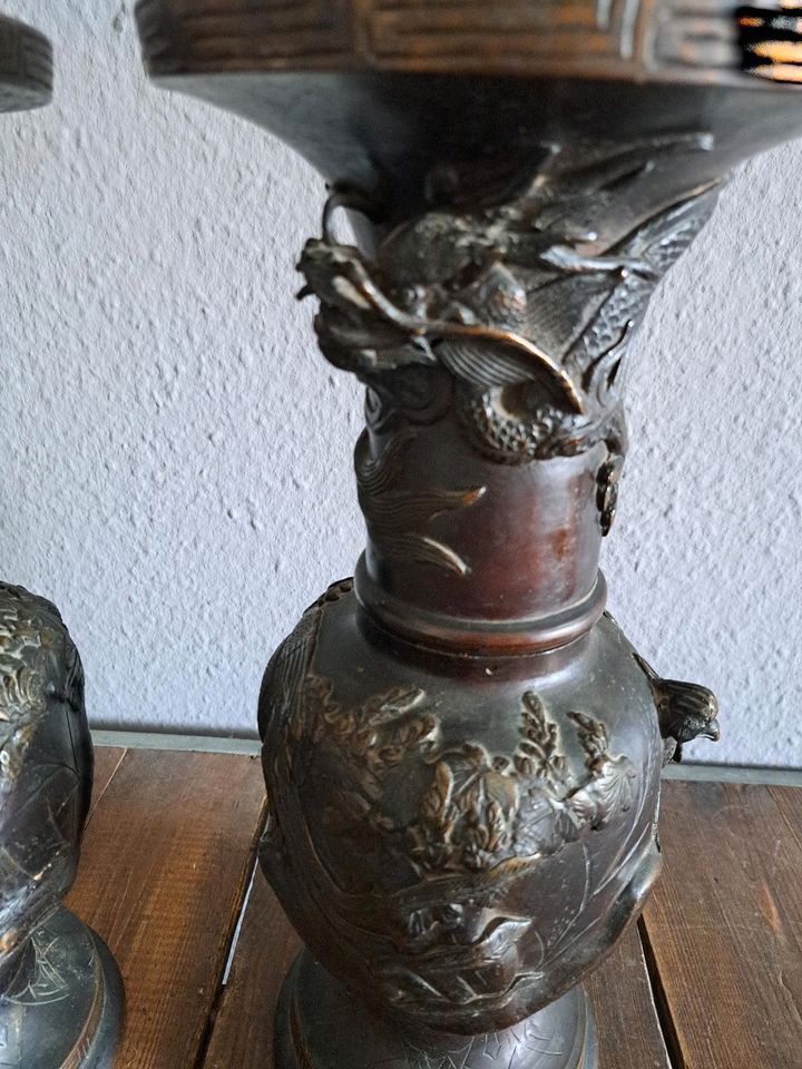 2x Bronce Bronze Vase Asiatika China Drache Phoenix in Langenfeld