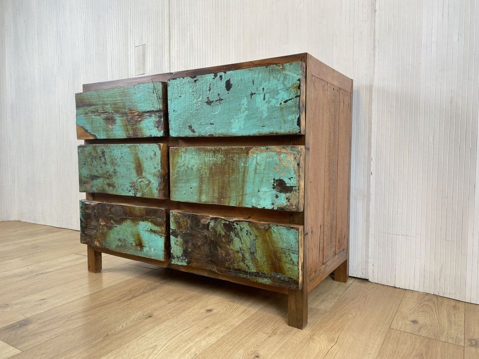 Boatwood by WMK # Meeresblaue Schubladenkommode aus altem Bootsholz, ein handgefertigtes Unikat aus massivem Teakholz # Schrank Kommode Wäschekommode Sideboard Wickelkommode Flurkommode Chest Teak in Berlin