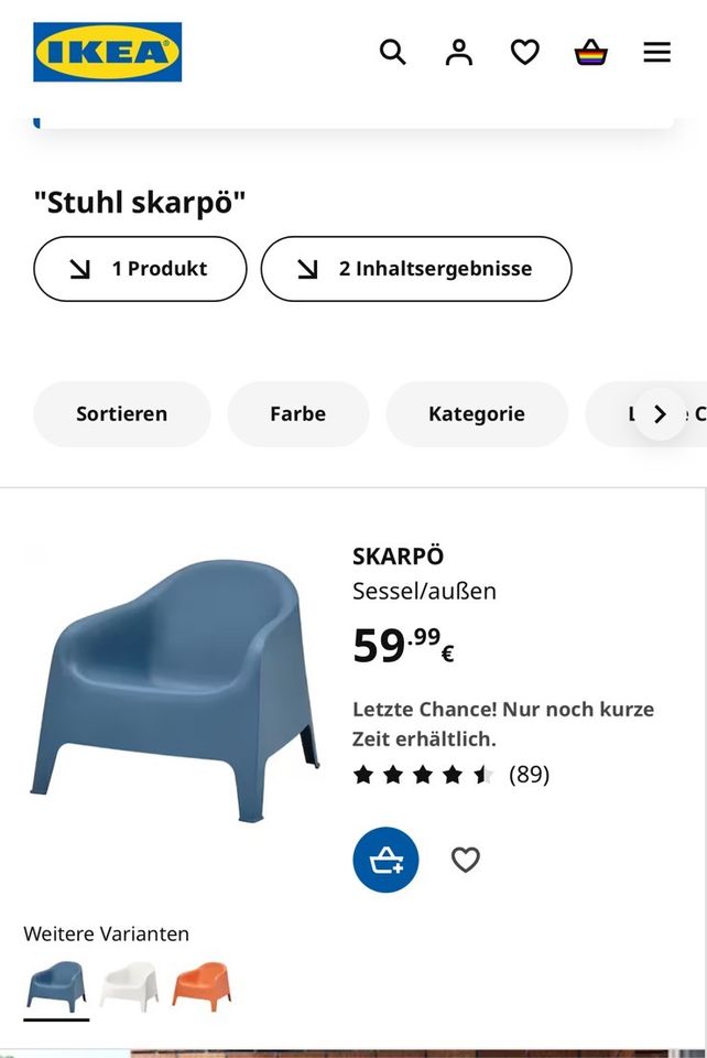 Sessel Stuhl Skarpö IKEA Lounge Garten Terasse blau in Oberkirch