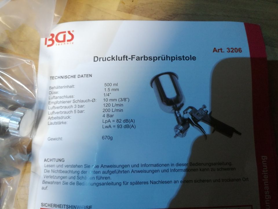 Lackierpistole Neu BGS 1.5 500ccm Spitzpistole Druckluft in Freden
