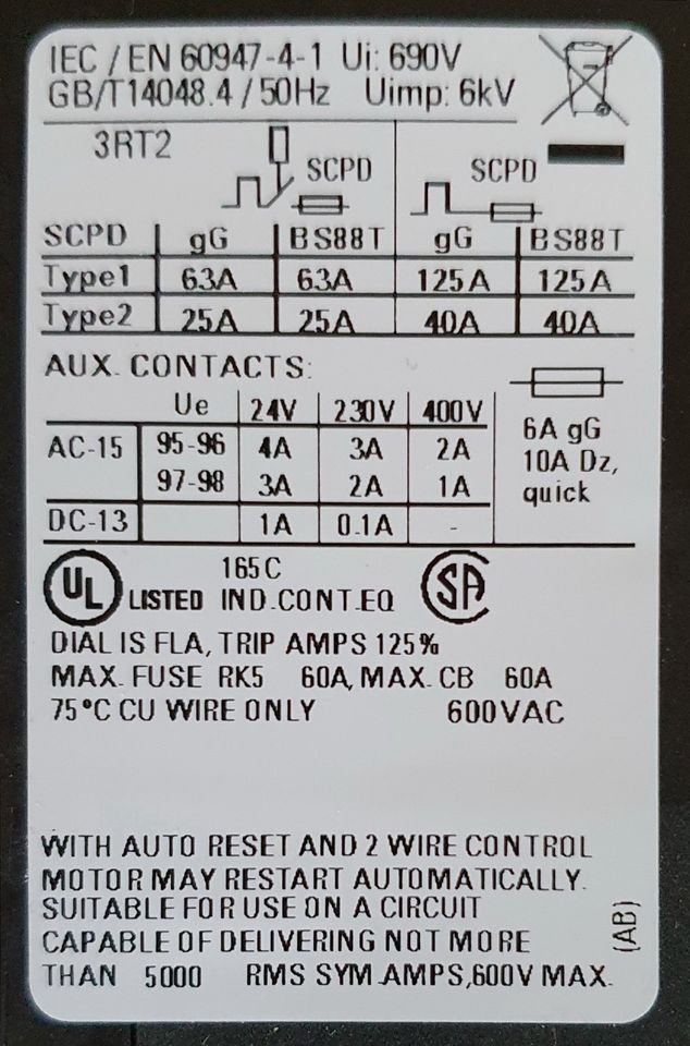 Siemens Schütz 3RT2025-1AR60 und Überlastrelais 3RU2126-4AB0 in Alzenau