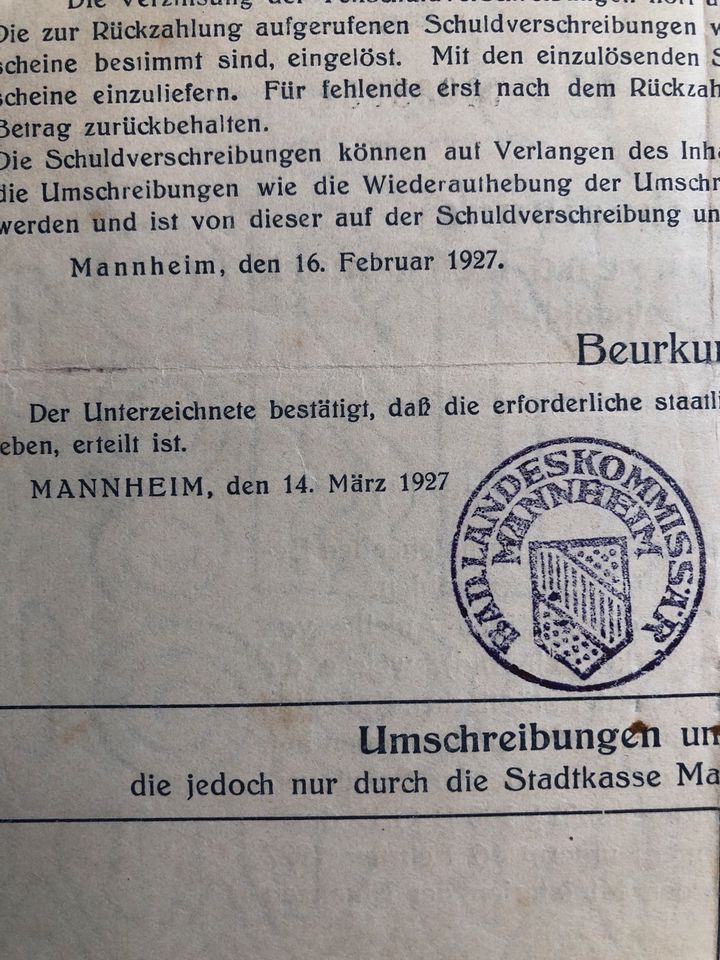 Goldanleihe der Stadt Mannheim 1927 in Weisenheim am Sand