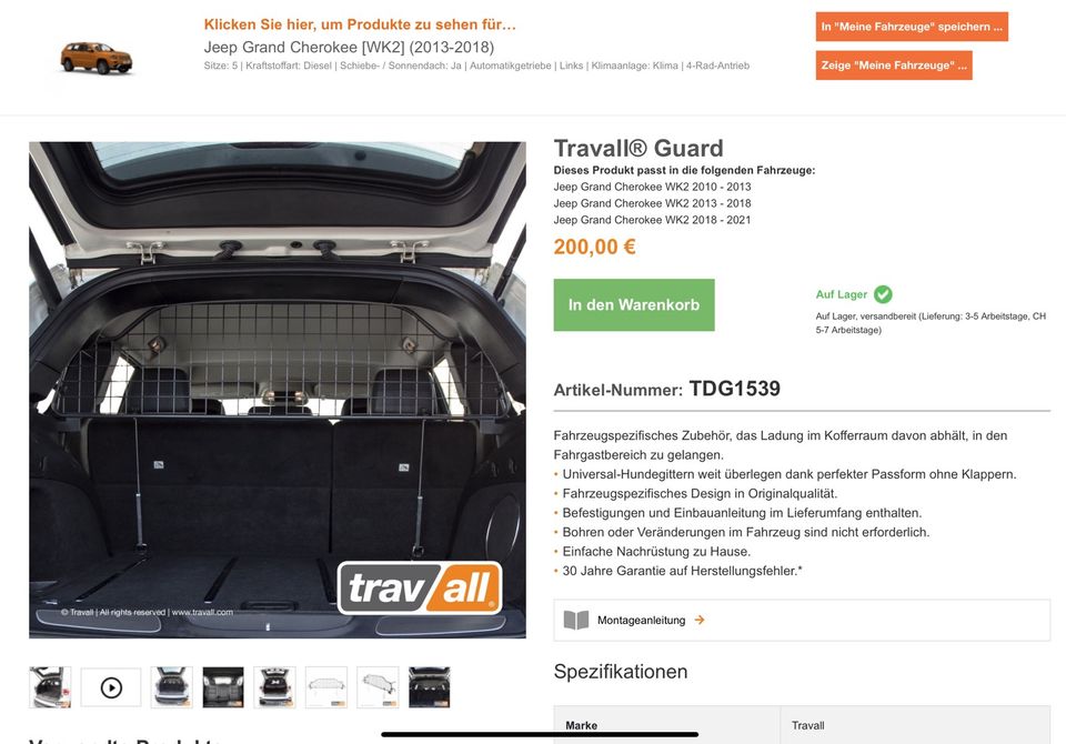 Hundeschutzgitter Travall Guard Jeep Grand Cherokee in Sonnenberg-Winnenberg