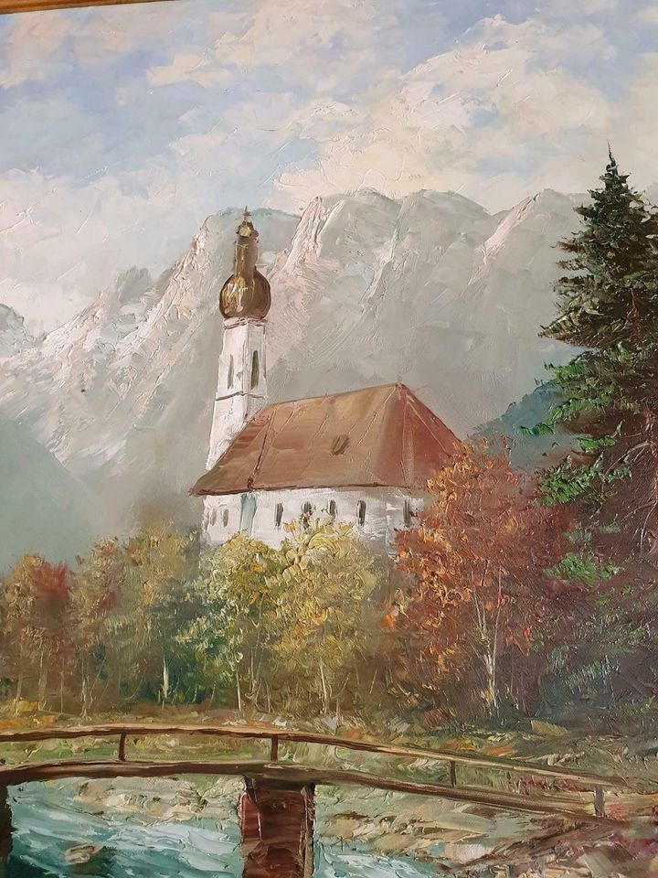 Ölgemälde auf Leinwand " Ramsau " um 1950, Signiert mit L.Klein in Hohenlockstedt