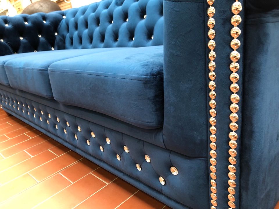 ANGEBOT !! Chesterfield Sofa 3-Sitzer Garnitur Samt Blau in Bremen