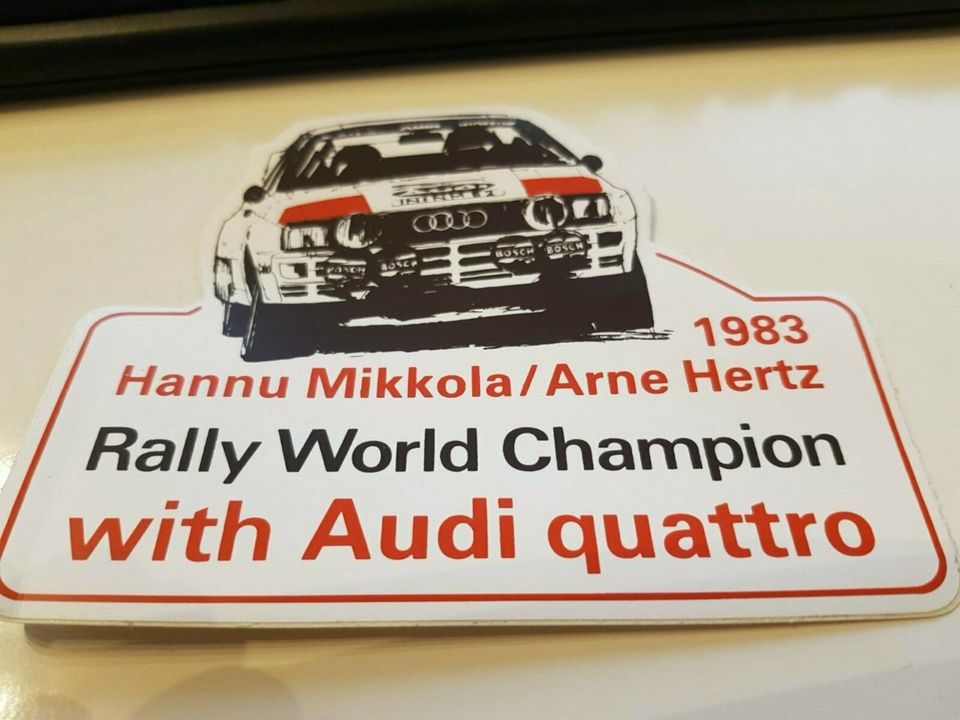 Rallye Aufkleber Hannu Mikkola Weltmeister 1983 Audi quattro