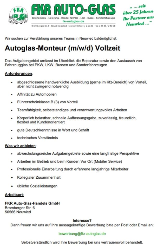 Autoglas-Monteur (m/w/d) Vollzeit in Neuwied