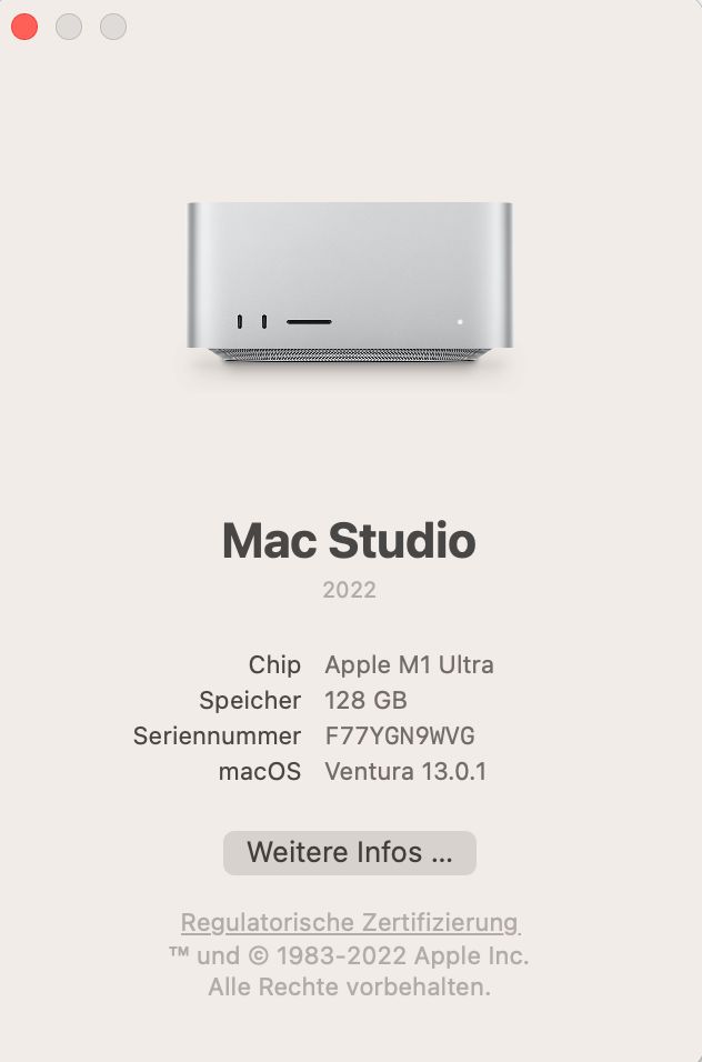 Apple Mac Studio M1 Ultra, 128GB RAM, 2TB Speicher, 20C/64C in Hamburg