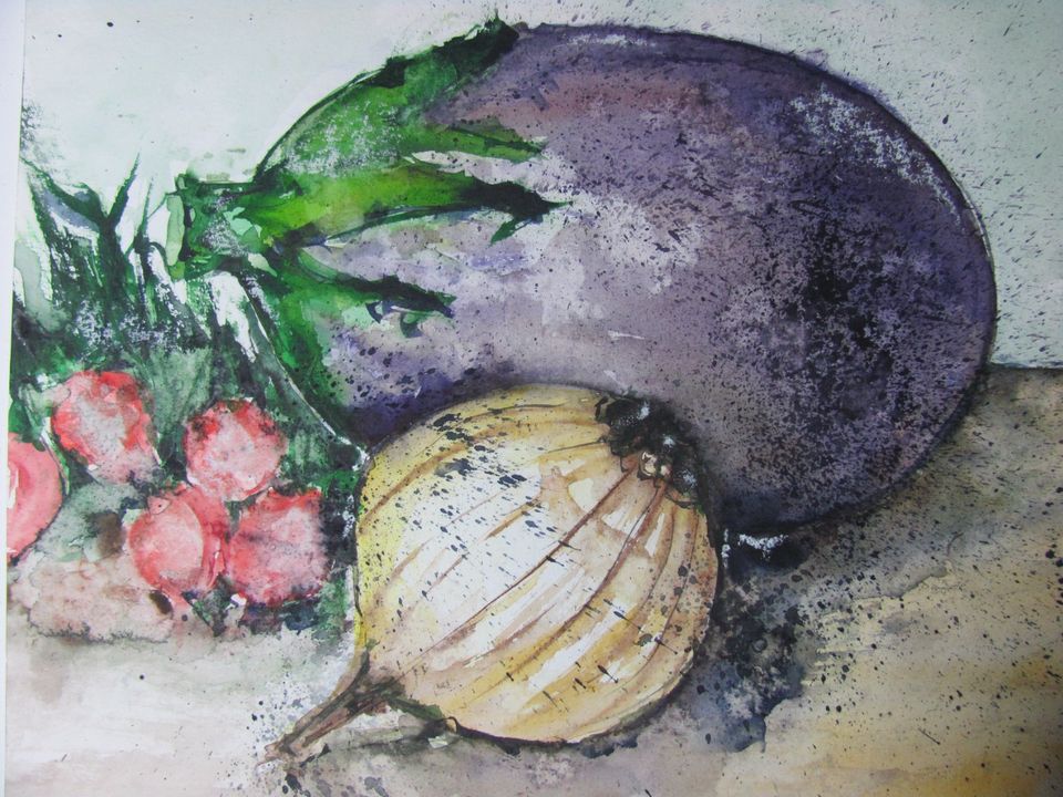 Original Aquarell Aubergine Zwiebel Stillleben Bild Rahmen in Troisdorf