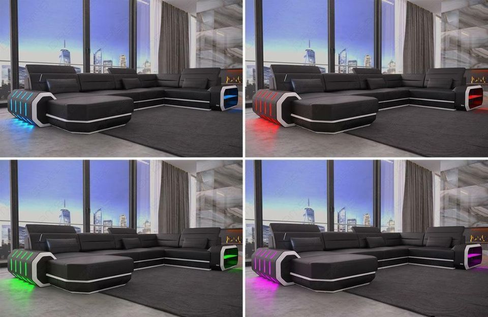 Stoff Sofa Couch Wohnlandschaft Roma in U Form mit Ottomane LED in Berlin