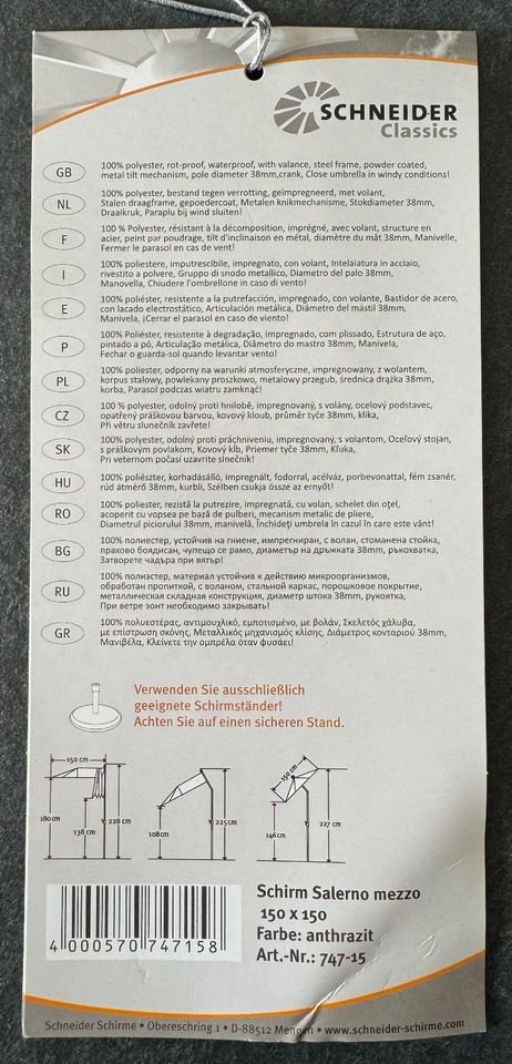 SCHNEIDER SALERNO MEZZO BALKON SONNENSCHIRM * 150 X 150 CM * GRAU in Chemnitz