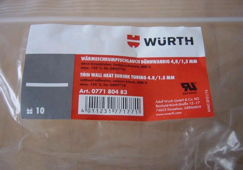 Wärmeschrumpfschlauch schwarz Fa.Würth (4, 8-1, 5MM) 10 M Neu OVP in Stuttgart