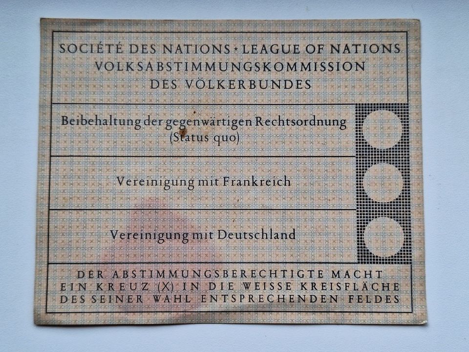 Stimmzettel Abstimmungsschein Wahlzettel Saarabstimmung Saar Saargebiet Volksabstimmung Saarland 13. Januar 1935 Saarreferendum mit Siegel in Homburg