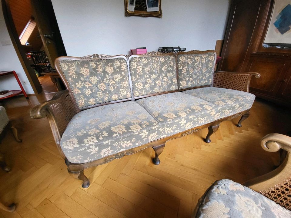 Barock Sofa Sessel Garnitur mit Hocker Chippendale retro vintage in Mönchengladbach