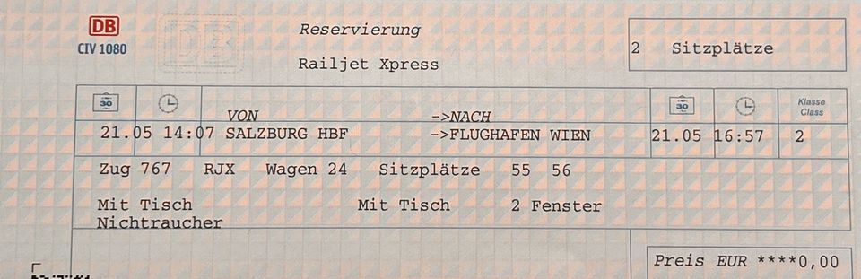 Zugticket von Stuttgart Hbf nach Flughafen Wien 110€ VB in Ötisheim
