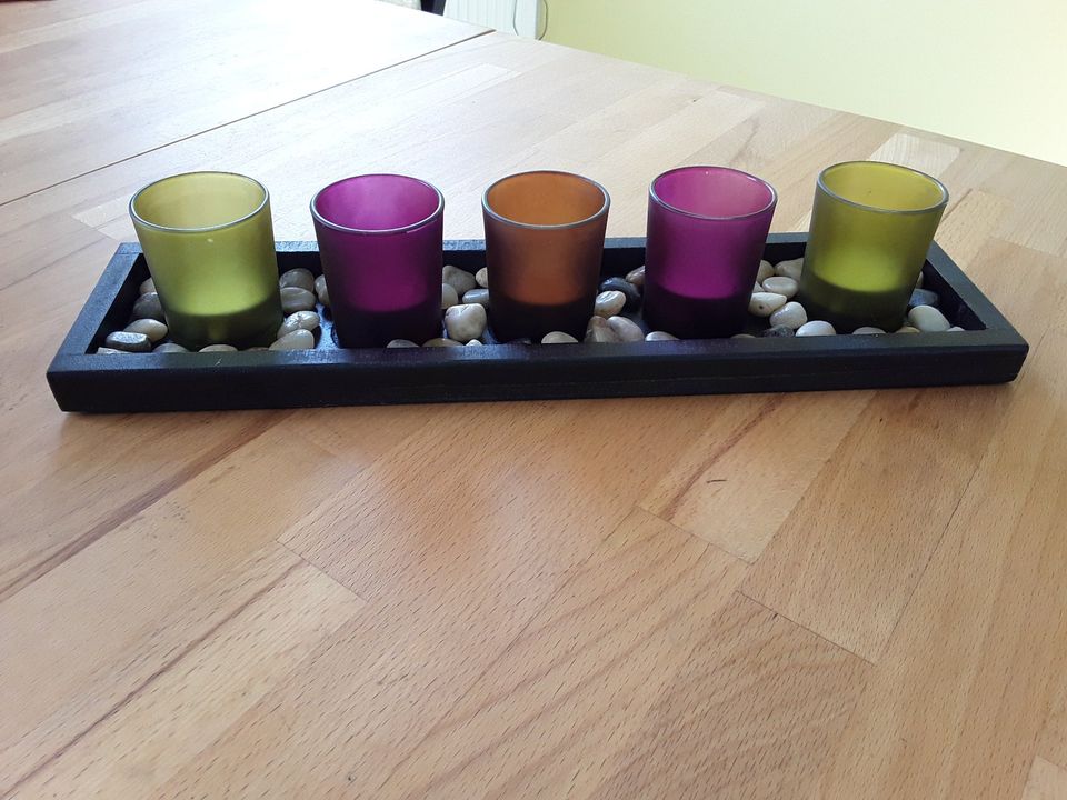 Teelichthalter Set Holzschale mit Teelichtgläsern & Kieselsteinen in Merzig