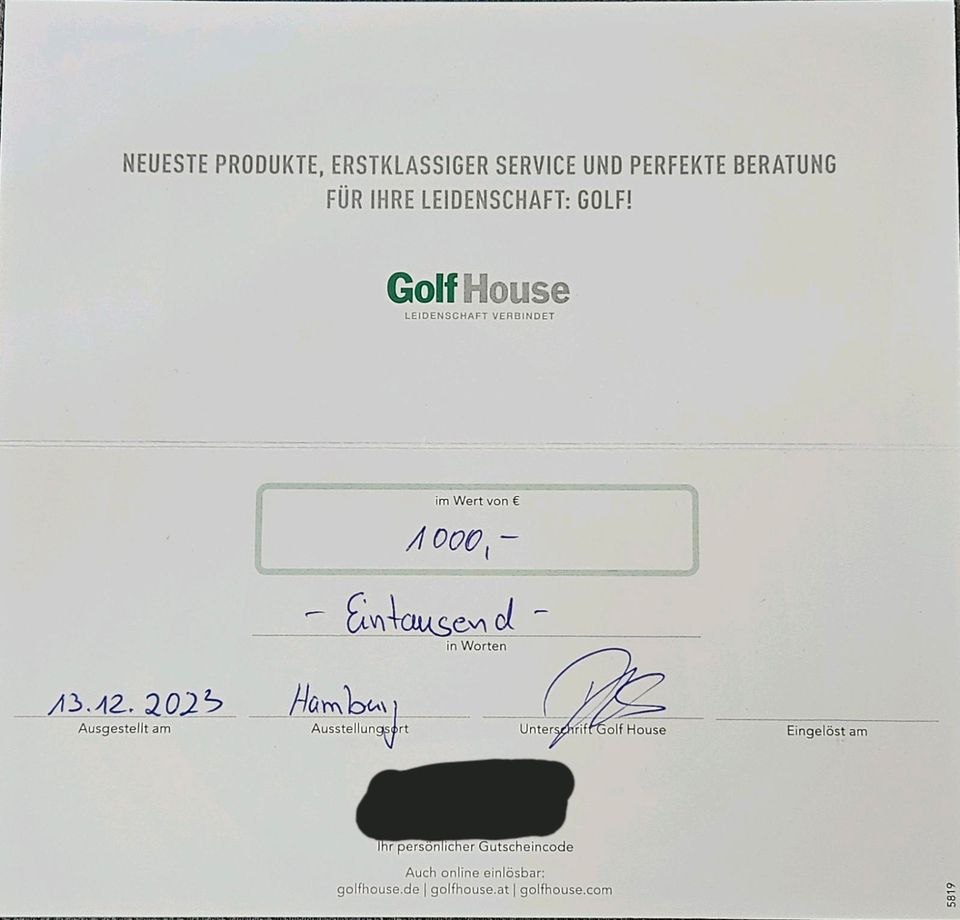 GOLF HOUSE - Gutschein 1000€ (auch online) in Hamburg