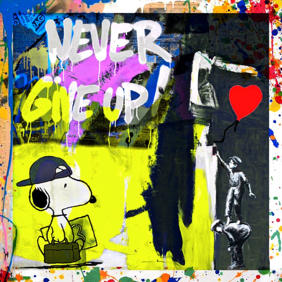 Motiv Snoopy/Donald Duck Never give up 110x110 Pop Art/Leinwand in München