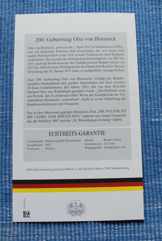 10 Euro Gedenkmünze, 200. Geburtstag Otto von Bismarck, 2015 in Petersberg