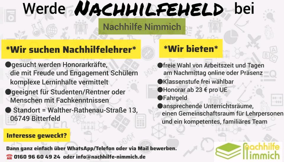 Mathelehrer/Nachhilfelehrer (m/w/d) für Bitterfeld gesucht in Bitterfeld