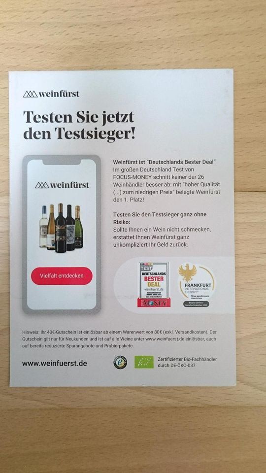 40€ Weinfürst Gutschein Coupon Rabatt 80€ MBW Wein in Frankfurt am Main
