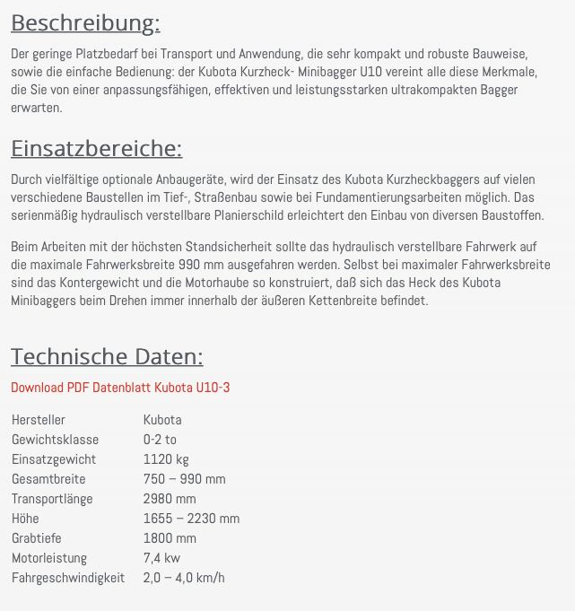 Kubota Minibagger U10-3 (1,0 to) zu vermieten in Plauen