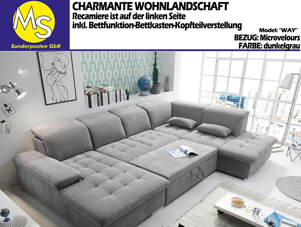 Sofa Couch Wohnlandschaft U Form Bettfunktion-Bettkasten grau in Mettingen