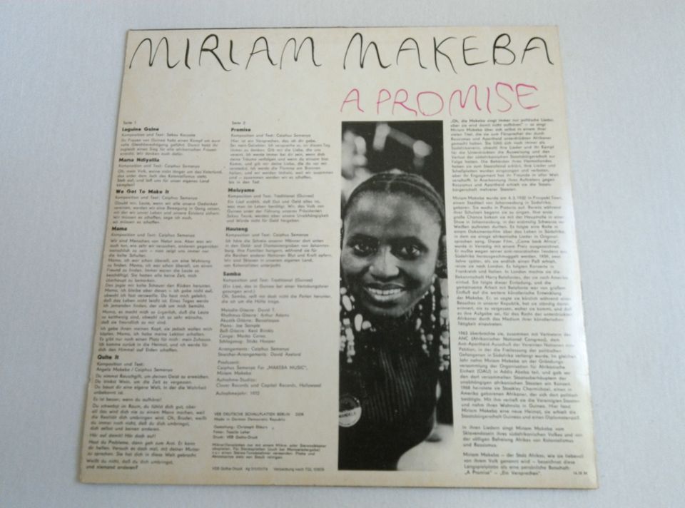 DDR Vinyl LP Miriam Makeba " A Promise ", 1972,  Amiga 855416 in Leipzig