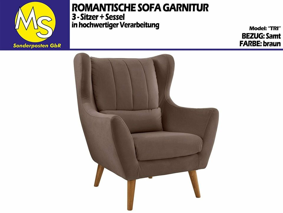 Sofa Couch Wohnlandschaft 3-Sitzer + Sessel Samt braun in Mettingen