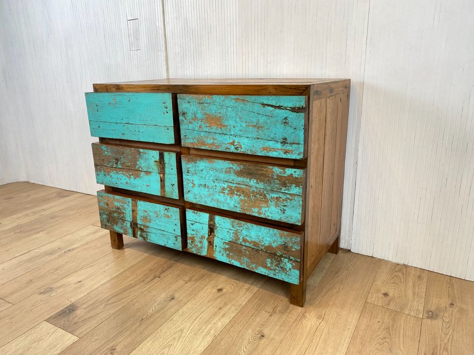 Boatwood by WMK # Schöne, meeresblaue Schubladenkommode aus altem Bootsholz, ein handgefertigtes Unikat aus massivem Teakholz # Schrank Kommode Wäschekommode Sideboard Wickelkommode Flurkommode Teak in Berlin