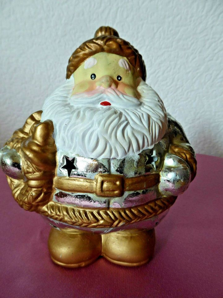 Weihnachtsmann Weihnachts-Figur Teelichthalter gold/silber Keram in Flintbek