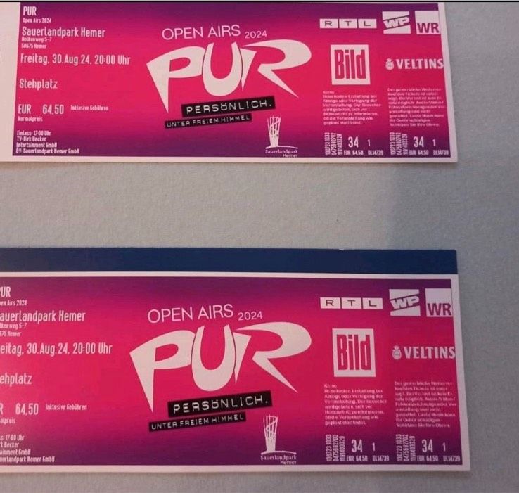 2x PUR Open Air Tickets/ Konzert in Fröndenberg (Ruhr)