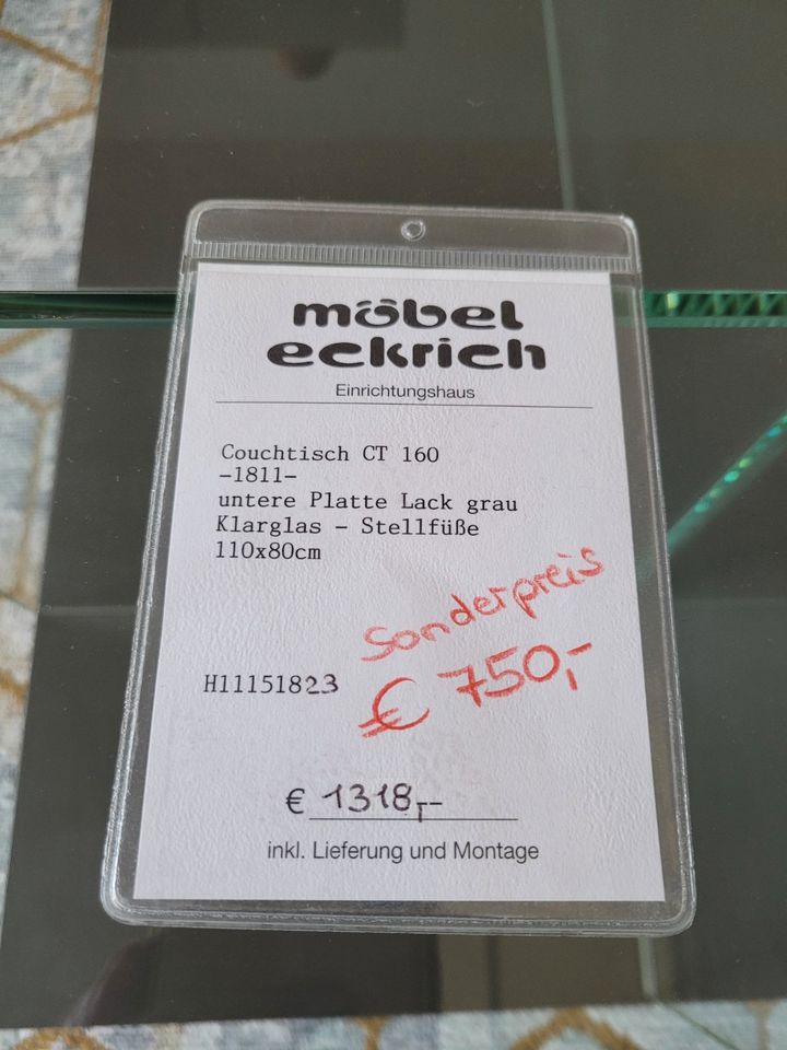 Couchtisch CT 160 Hülsta Glas mit Lack grau, Tisch Möbel Hanau in Hanau