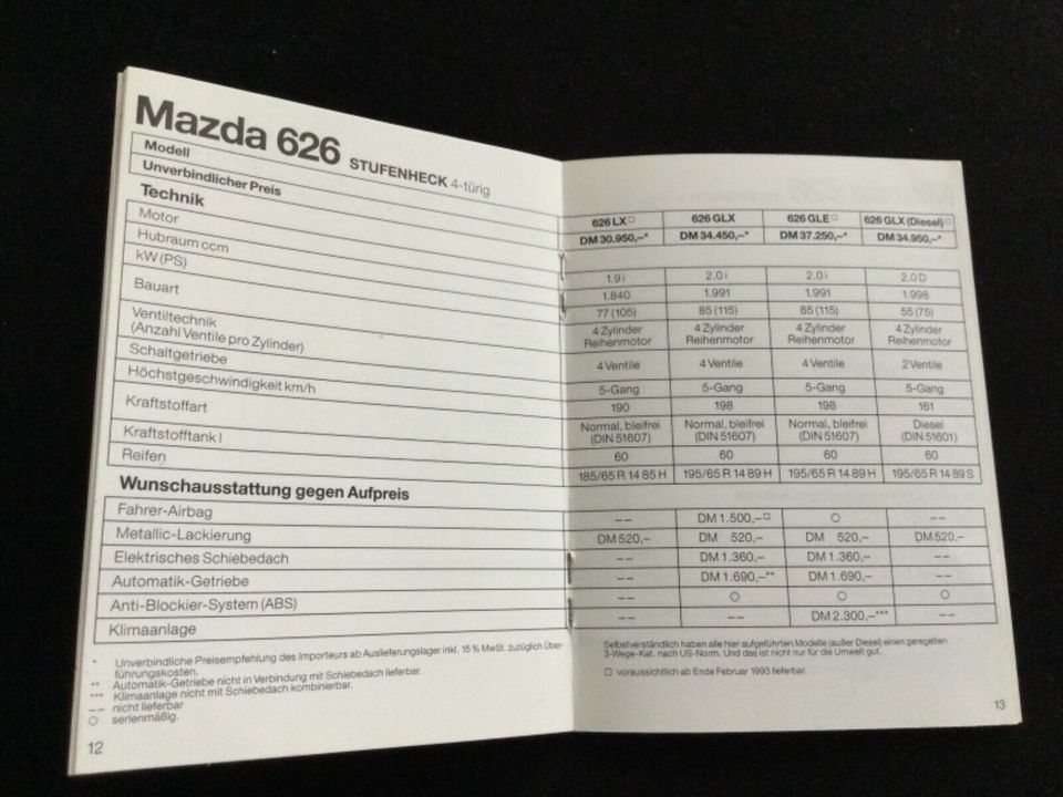 Mazda Prospekt Preisliste Ausstattung 1993 E2000 2200 121 323 626 in Kiel