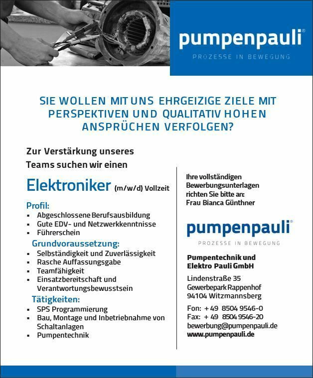 Elektroniker (m/w/d) , Stellenanzeige , Mitarbeiter gesucht in Witzmannsberg