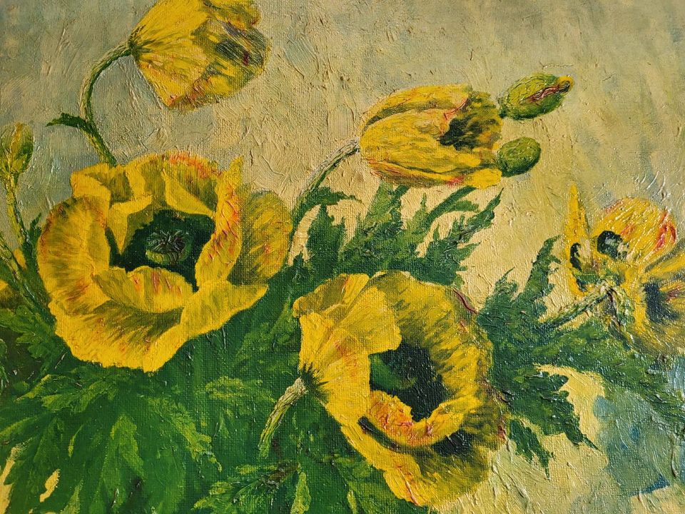 Gemälde gelbe Mohnblumen Erich Krüger Holzrahmen Bild alt antik in Leipzig