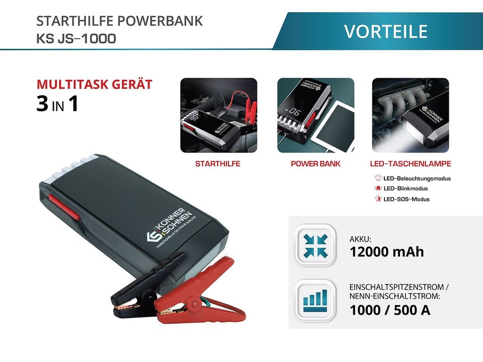 Starthilfe Powerbank KS JS-1000 LI-Ion Akku 12000 mAh 1000 A in Menden