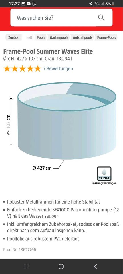 Frame Pool 4,27m×1,07m SummerWaves in Bous