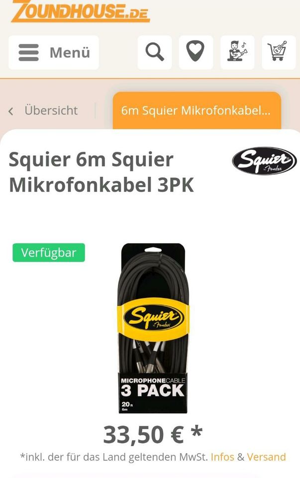 FenderSquier XLR Mikrofonkabel 6m selten benutzt in Köln