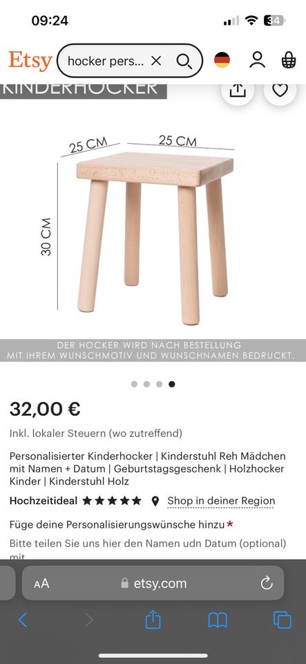 Etsy Kinder Hocker Holz Elefant Name Josefine Geschenk Neu 32€ in Langenbach
