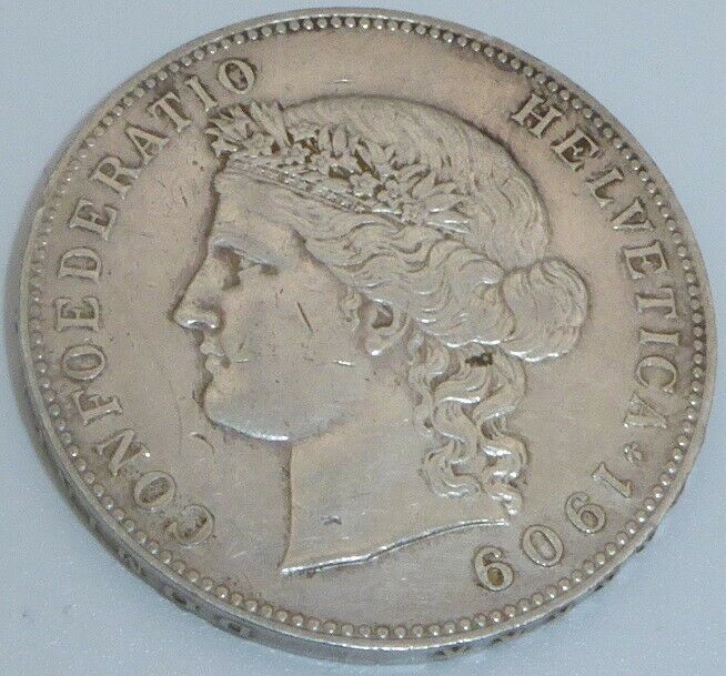5 Franken Schweiz Silbermünze 1909 B, Helvetia-Kopf, ss, 37mm in Tübingen